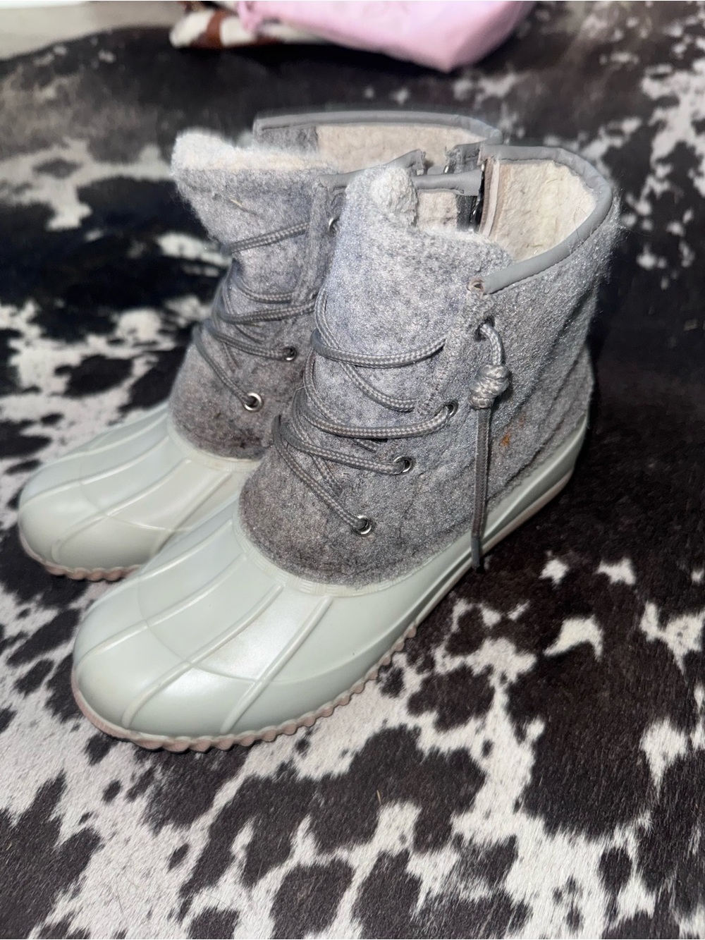 Women's Gray Waterproof Winter Duck Boots with Wool Upper